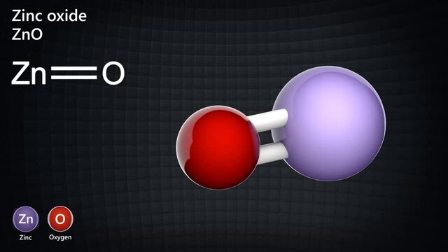 Zinc oxide is an inorganic compound with the formula ZnO or OZn. It is a white powder. 3D render. Seamless loop. Ball and Stick chemical structure model.