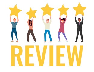 Diverse multiracial people holding star rating for review. Customer or client positive feedback, excellence five star ranking, good quality review and satisfaction level service vector illustration