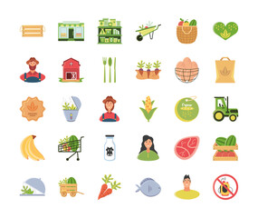 organic food healthy lifestyle set icons farm agriculture natural fruit vegetable