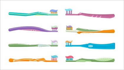 Dental toothbrush and toothpaste for oral disease prevention. Tooth brush for healthy oral hygiene, enamel brushing whitening and cleaning vector illustration isolated on white background
