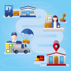 postal service, logistic office, transport, worker and delivery concept