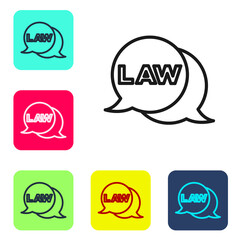 Black line Law icon isolated on white background. Set icons in color square buttons. Vector.