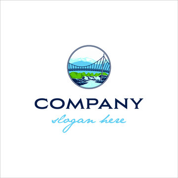 Bridge and mountains in retro style round badge