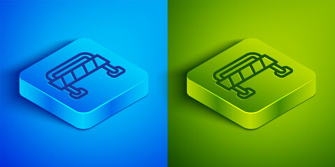 Isometric line Road barrier icon isolated on blue and green background. Symbol of restricted area which are in under construction processes. Repair works. Square button. Vector.