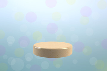 Round plinth from the surface of the plank On a beautiful bokeh background, Mockup for product presentation, 3d rendering.