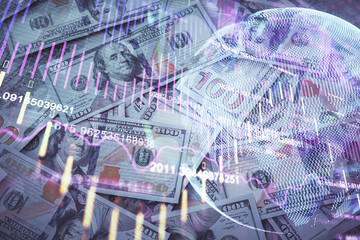 Double exposure of forex graph drawing over us dollars bill background. Concept of financial markets.