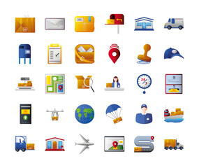 postal service icons set include logistics delivery mail envelope world pointer transport