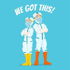 Expressive Nurse and Doctor teamed up Character Illustration wearing ppe hazmat suit - folding hands assuring people their health 