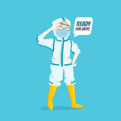 Expressive Nurse Character Illustration wearing ppe hazmat suit ready for duty with hand salute  