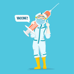 Expressive Nurse Character Illustration wearing ppe hazmat suit - holding syringe with coronavirus vaccine for vaccination 