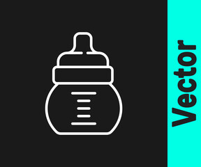White line Baby bottle icon isolated on black background. Feeding bottle icon. Milk bottle sign. Vector.