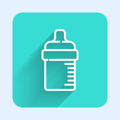 White line Baby bottle icon isolated with long shadow. Feeding bottle icon. Milk bottle sign. Green square button. Vector.