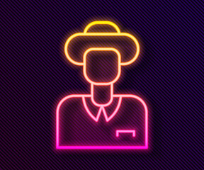 Glowing neon line Tourist icon isolated on black background. Travelling, vacation, tourism concept. Vector.