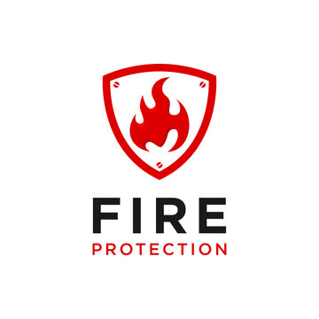 Red fire protection system shield emblem logo, professional fire protection logo design