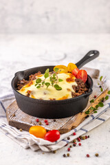 Moussaka. Traditional Greek dish. Chopped beef or lamb meat baked with eggplants
