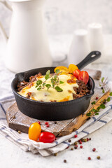 Moussaka. Traditional Greek dish. Chopped beef or lamb meat baked with eggplants