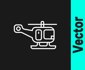 White line Rescue helicopter aircraft vehicle icon isolated on black background. Vector.