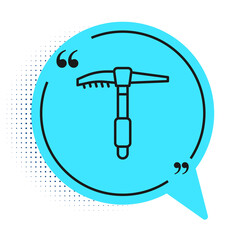 Black line Ice axe icon isolated on white background. Montain climbing equipment. Blue speech bubble symbol. Vector.
