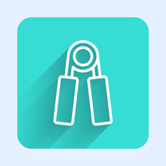 White line Sport expander icon isolated with long shadow. Sport equipment. Green square button. Vector.