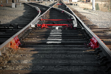 Railway track. Old technologies of railway construction. Switch, rails, wooden sleepers.