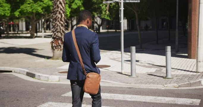 Rear view of african american businessman walking on zebra crossing