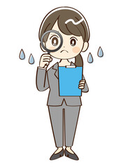 女性、スーツ、虫眼鏡、困惑