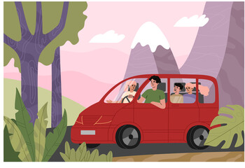 Family travel in a red car, mountain landscape in the background. Happy mother and dad go on vacation to nature with their children by automobile. Hand drawn vector illustration in flat carton style
