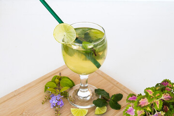 healthy drinks mix honey lemon peppermint leaf herbal health care cocktail water  on background white 