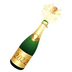Festive Champagne bottle 2022 gold label. Vector illustration. Happy New Year or other celebration.