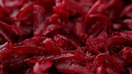 grated red beet top view. fresh salad with beet