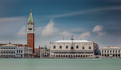 Piazza San Marco and Venice island from San Giorgio. Aerial view looking down on St Marks Square...