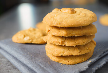Close up selective focus sweets cookie chips oatmeal mixed grain food fresh made snack or dessert american food style blurred background
