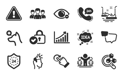 24 hours, Brand ambassador and Verified locker icons simple set. Bumper cars, Idea and Rotation gesture signs. 24h service, Speech bubble and Myopia symbols. Flat icons set. Vector