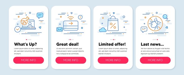 Set of Business icons, such as Contactless payment, Online chemistry, Shopping bag symbols. Mobile app mockup banners. Bed bugs line icons. Financial payment, Lab flask, Supermarket discounts. Vector