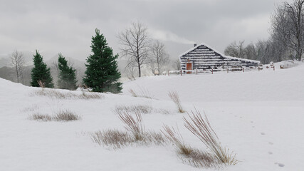 Log cabin in winter