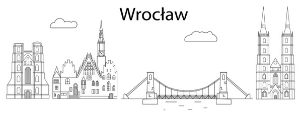 Wroclaw skyline cityscape - line art vector illustration - obrazy, fototapety, plakaty