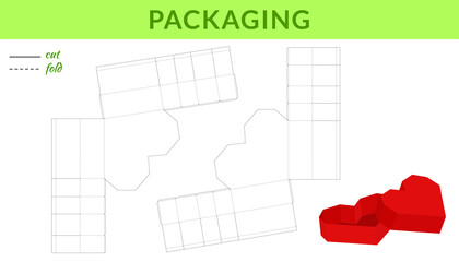 Heart packaging design for Valentine's day, birthdays, baby showers for sweets, candies, small presents, bakery. Retail box blueprint template design. Print, cutout, fold, glue. Vector stock illustrat