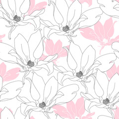 Seamless pattern with magnolia. Hand drawn floral background. Artwork for textiles, fabrics, souvenirs, packaging and greeting cards.