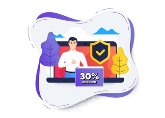 30 percent discount. Protect computer online icon. Remote education class. Sale offer price sign. Special offer symbol. Safety shield icon. Discount banner. Vector