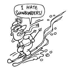 Fototapeta premium Angry skier hates snowboarders, winter sport joke, black and white cartoon