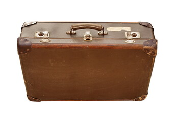 Old leather brown vintage travel suitcase isolated on white background.  Symbol and concept of travel. Adventure time. 