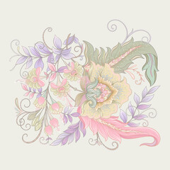 Fantasy flowers in retro, vintage, jacobean embroidery style. Embroidery imitation isolated on white background. Vector illustration.