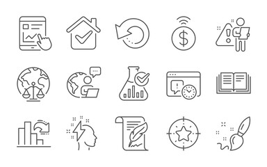 Fototapeta na wymiar Decreasing graph, Project deadline and Education line icons set. Recovery data, Magistrates court and Paint brush signs. Star target, Feather and Contactless payment symbols. Line icons set. Vector