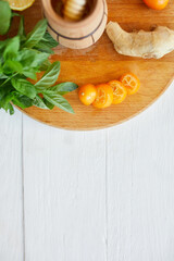 Trendy virus protection food, coronavirus, immunity concept.