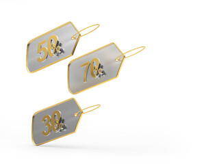 Silver price tags with different percentages of discounts isolated on white background. 3d illustration