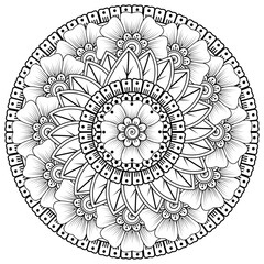 Circular pattern in the form of mandala with flower for henna, mehndi, tattoo, decoration. decorative ornament in ethnic oriental style. coloring book page.