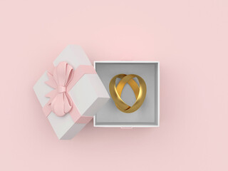 Gold wedding rings connected in the shape of a heart in a gift box on a pink background. 3d illustration
