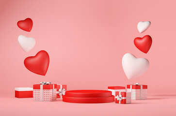 Valentine's Day concept with gift boxes and hearts of love, podium for your product