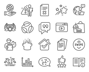 Business icons set. Included icon as Laureate medal, Technical info, Swipe up signs. Safe planet, Quote bubble, Video content symbols. Sleep, Diagram graph, Leaves. Cooking hat, Documents. Vector