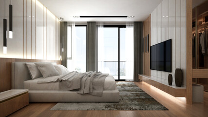 The modern cozy interior design of bedroom and console tv wall texture background-3d rendering